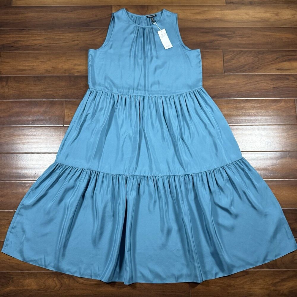 NEW Eileen Fisher Women's Size Large River Blue Washed Silk Tiered Long Dress